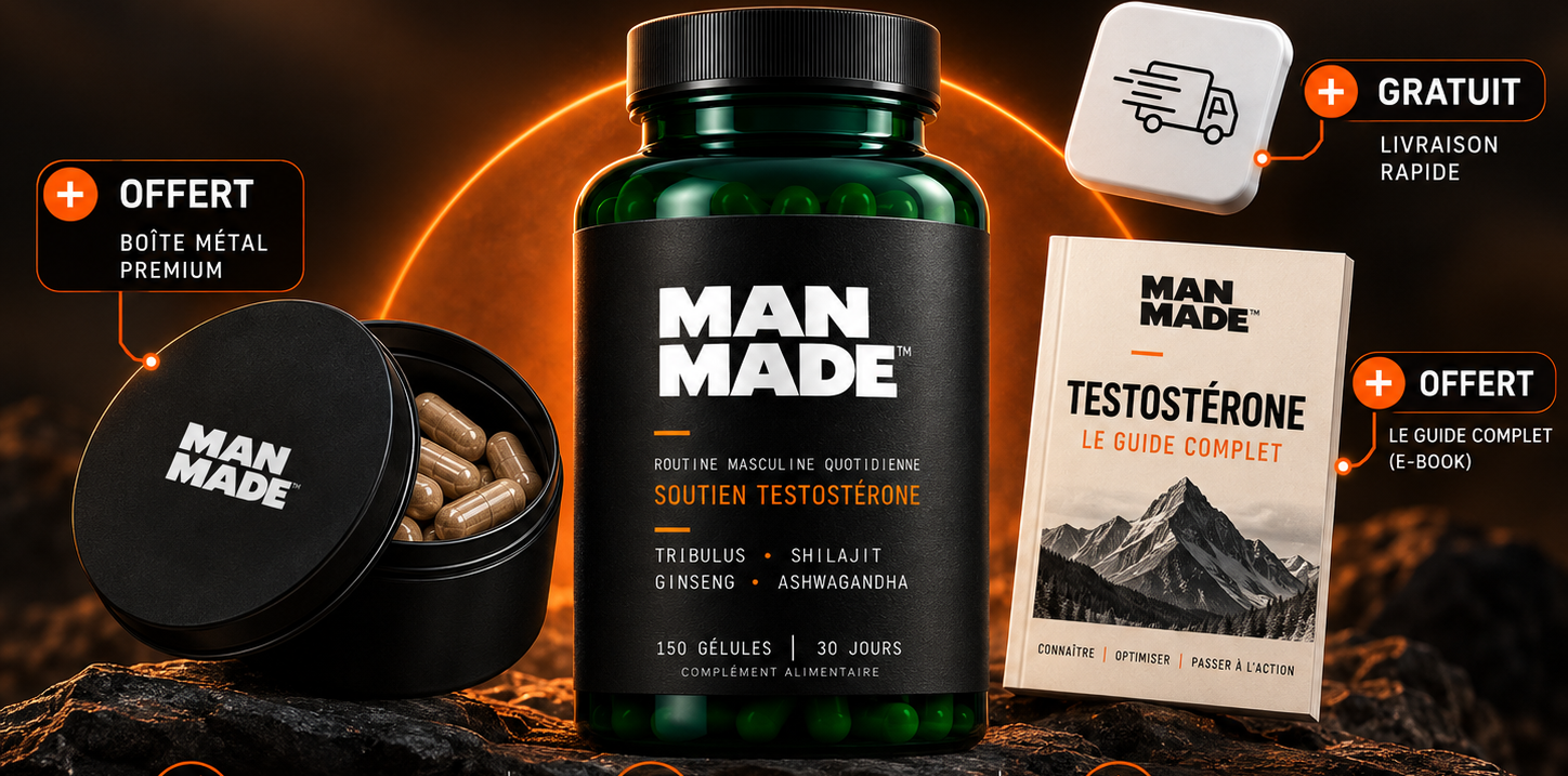 Votre kit Man Made : flacon Soutien Testostérone, boîte métal premium offerte, e-book Testostérone offert, livraison rapide gratuite